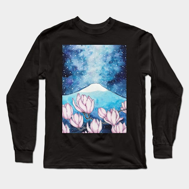 Night Sky and Magnolias Long Sleeve T-Shirt by bukkbianka